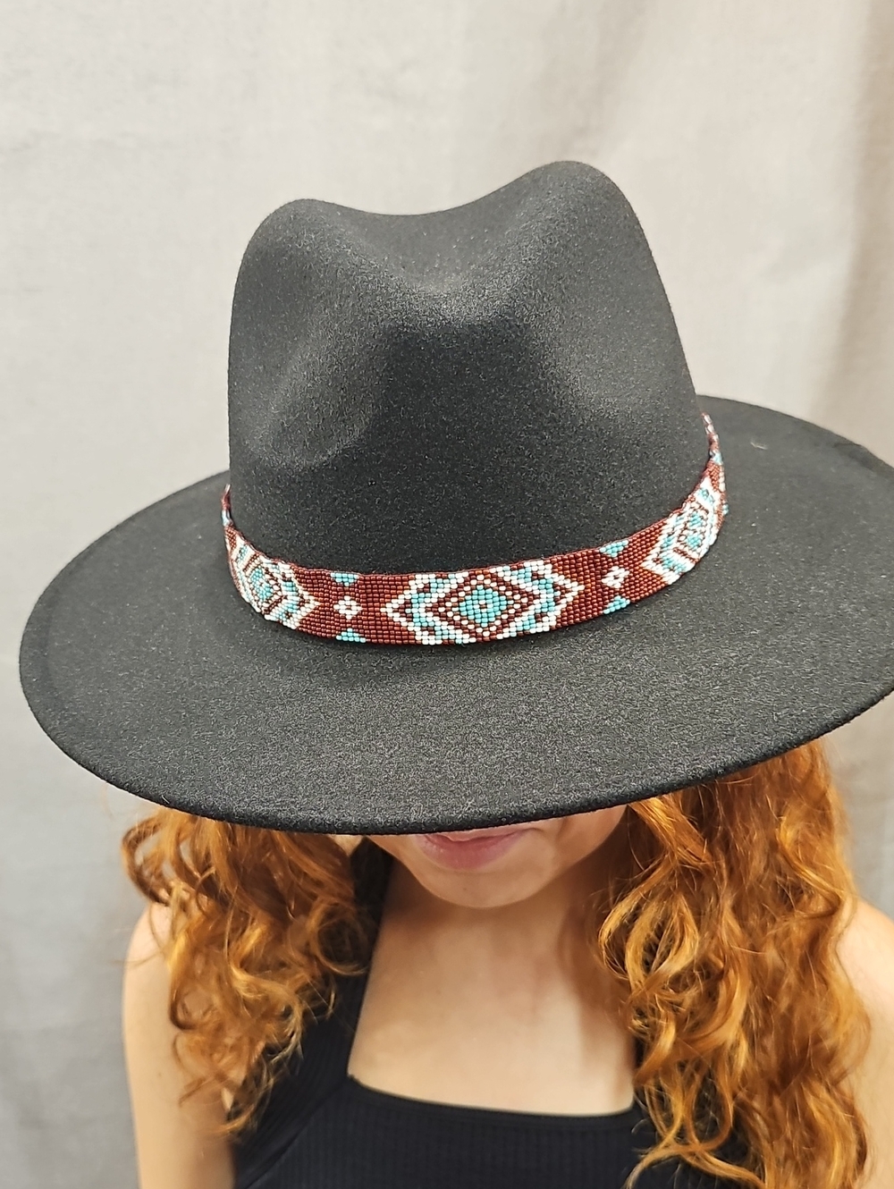 Black Cowboy Hat with Beaded Hat Band Leather Fringe Western Cowgirl